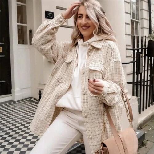 Stylish Pockets Oversized Plaid Jacket Coat Fashion Lapel Collar Long Sleeve Loose Outerwear Overshirts Chic Tops