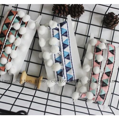 High quality National embroidery pompom trim 35MMX25YD ball Ribbon Trim Bobble Braid Christmas lace DIY decoration fringe sewing