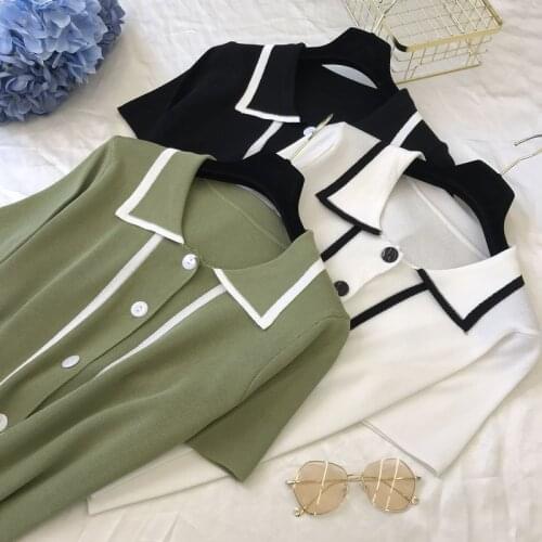 Summer Women Knitted Shirt Loose Casual Short Sleeves Polo Collar Shirt Ice Silk Knit Blouse Thin Tops