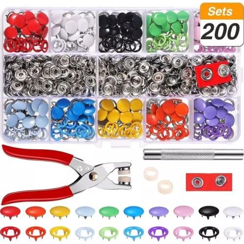 Snap Fasteners Tool Kit Hollow and Solid Metal Prong Snaps Buttons Clothing Leather Crafting Sewing, (200 Sets,10 Colors,9,5mm)