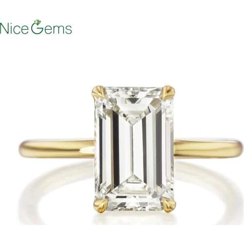 NiceGems Solid 18K Yellow Gold Center 3ct Emerald cut Moissanite Engagement Ring DF Color invisible Halo set Moissanite ring