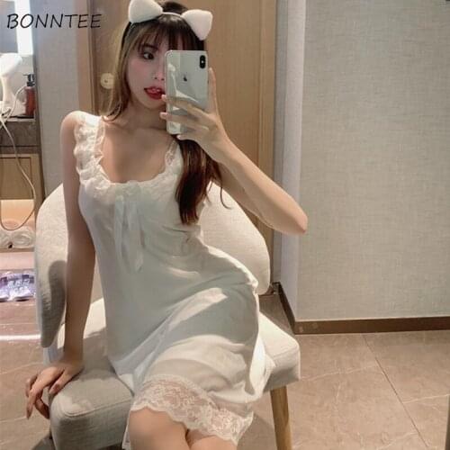 Nightgowns Women Summer Sleeveless Fashion Sexy Knee-Length Spaghetti Strap Lounge Thin Lace Homewear with Chest Pad Basic Soft