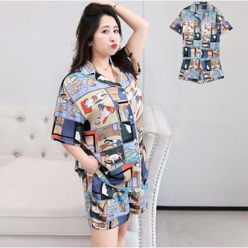 2021 new plus size Womanspajamas printing imitation silk short sleeved pyjamas set