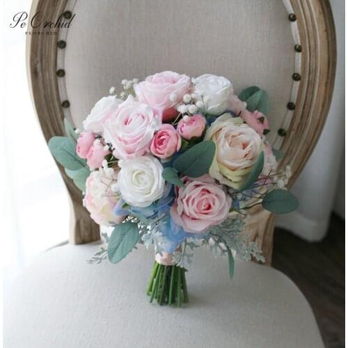 PEORCHID Blue Light Pink Champagne Wedding Bouquet Silk Rose Peony Fake Artificial flowers Rose Bridal Throwing Bouquet