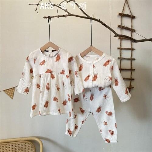 Pajamas Sets O-neck Collar Full Sleeve Regular Solid Cotton Casual Cute Lovely Spring Autumn Unisex Children Fit for Kids