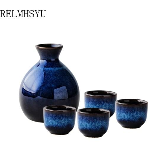 RELMHSYU Japanese Style Ceramic Blue Series Sake Bottle Small Wine Cup Decorative Home Accessori