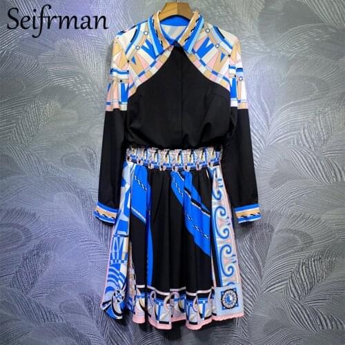 Seifrmann Women Summer Fashion Designer Skirts Set Long Sleeve Loose Blouses + High Waist Print Midi Skirts 2 Two Pieces Suits
