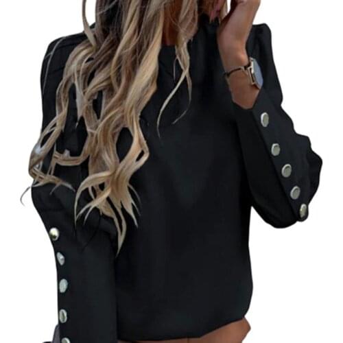 2021 Work Wear Women Blouses Long Sleeve Back Metal Buttons Shirt Casual O Neck Printed Plus Size Tops Fall Blouse Drop Shipping