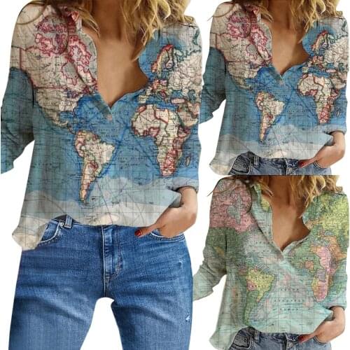 Womens Blouse Lapel Button Shirt World Map Print Long Sleeve Loose Casual Top Autumn Pinted All-Match blusas mujer de moda 2021