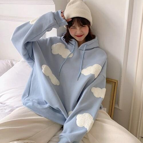 Oversized Women Hoodie Clouds Printed Sweatshirt Girl Korean Pullover Women Autumn Winter Warm Long Sleeve Top Casual Streetwear