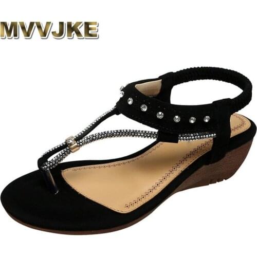 MVVJKE 2019 Women Ladies String Bead Casual Wedges Elastic Band Bohemian Beach Shoes Sandals