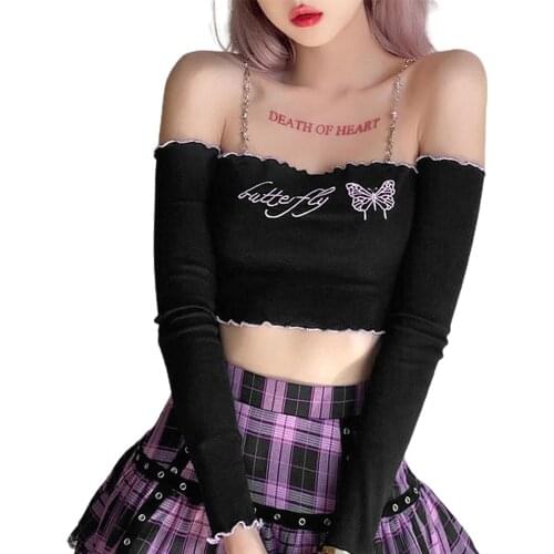 Womens Off Shoulder Crop Tops, Long Sleeve Letter Butterfly Embroidery T-Shirt with Chain Straps