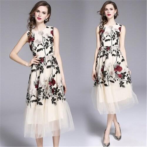 Runway Design Rose Embroidery Flowers Mesh Dresses 2020 Sweet Women Elegant Slim Sleeveless Tank Midi Party Dress Vestidos