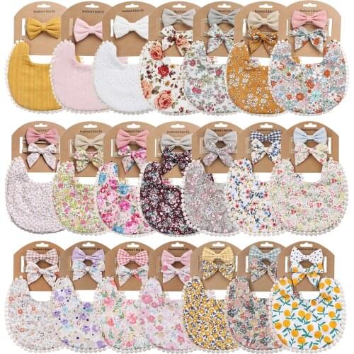 21Sets/Lot Baby Girl Boy Bibs Kid Toddler Dinner Flower Print Feeding Tassel Double-deck Cotton Linen Burp Cloths Saliva Towel