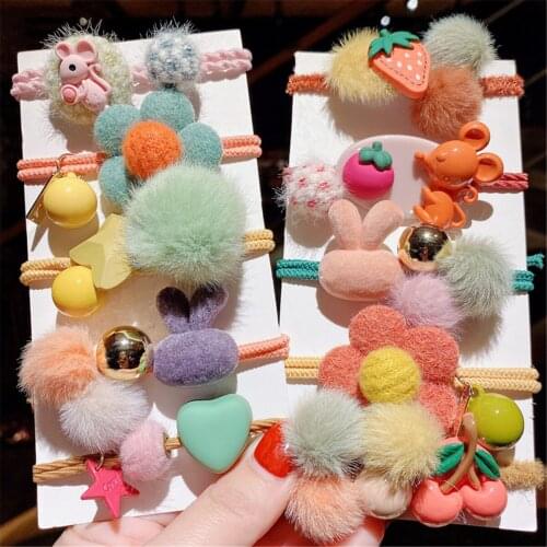 3Pcs/set Korea New Design Super Bargain Childrens Cute Flower Furry Elastic Hair Rope Girls Rabbit Hair Ring Kid Hair Accessory