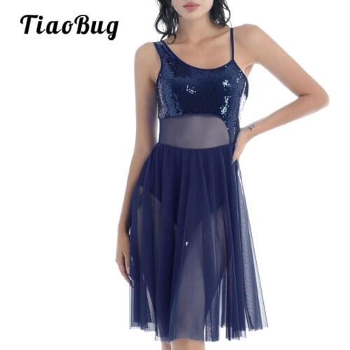 Women Shiny Sequin Lyrical Dance Dresses Camisole Skirted Leotard Ballet Contemporary Dance Dress