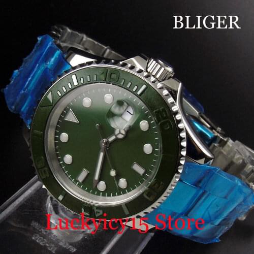 BLIGER Brand 40mm Green Sterile Dial Brushed Ceramic Bezel Automatic Movement Mechanical ens Watch Auto Date