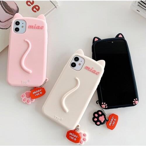 3D Cute Cat Ears tail Phone Case For iphone 12 Pro MAX 12 11Pro MAX XS MAX XR X 6 6s 7 8 Plus Cartoon Cat paw Pendant Soft Cover