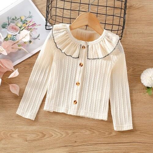 2021 Spring Autumn Girls Kids Knit Cardigan Sweaters Jackets Comfortable Fashion Ruffles Collar Baby Clothes Children Clothing