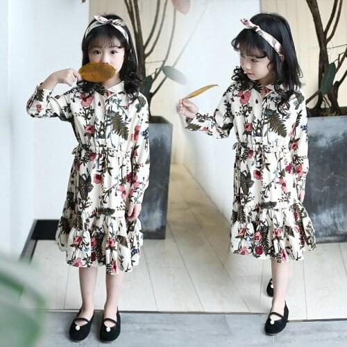 Kids Dresses for Girls long sleeve leaf and Flowers print Cotton Birthday Party Children Clothes girl white shirt dress