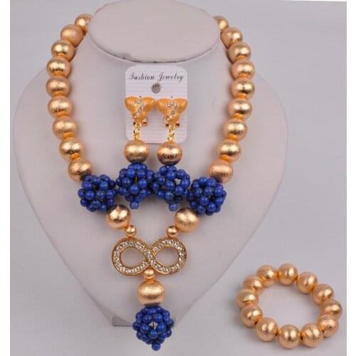 Dubai Gold Dark Blue African Jewelry Set Nigerian Beads Jewelry Sets Bridal Wedding Party Gifts 44-T-03