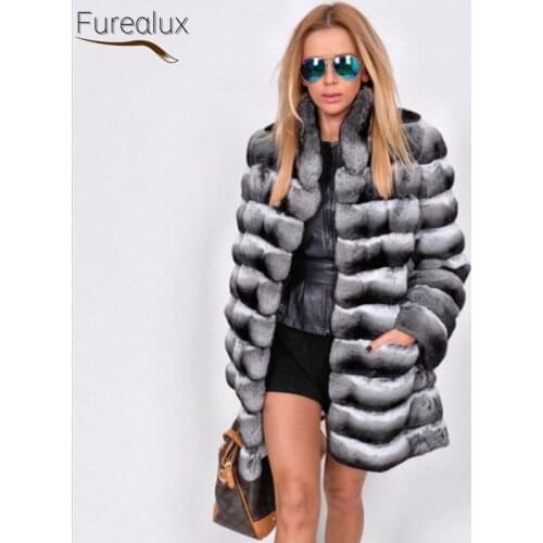 FUREALUX Natural Real Rex Rabbit Striped Solid Color Jacket Winter Womens Warm Fashion Clothing Trendy New Authentic Fur Coat