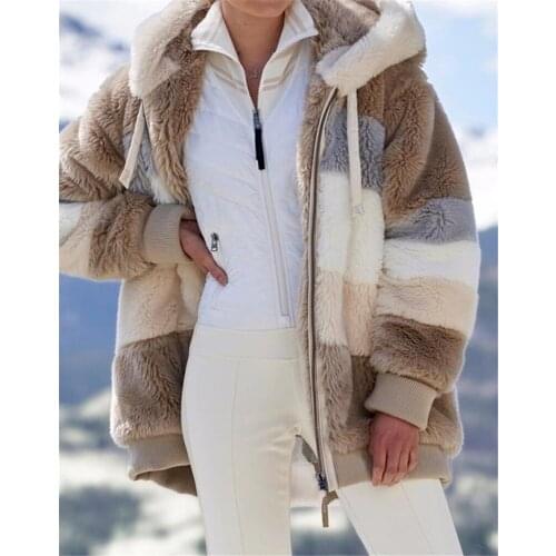 Oversized Womens Winter Jackets Oversized Fashion Casual Stitching Clothes Loose Plush Hooded Zipper Ladies Lamb Fur Jacket