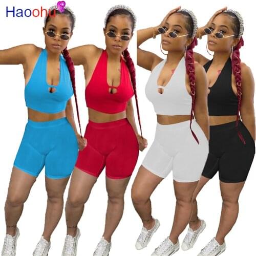 HAOOHU Summer Two Piece Set Womens Tracksuit Cut Out Hole Sleeveless Crop Tank Top High Waist Biker Short Loungewear Suits