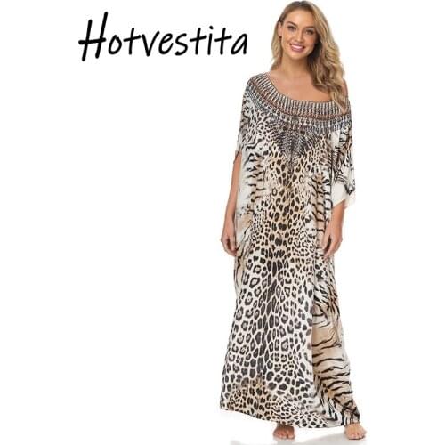 Hotvestita Long Kaftan Beach Maxi Dress Leopard Print 2021 Summer New Tunic Women Sarong Beach Wrap Smock Loose Bikini Cover Ups