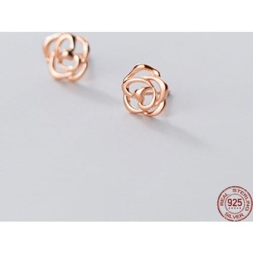 LKO 925 Sterling Silver Stud Earrings Simple Temperament Hollow Out Sweet Rose Earrings For Women Wedding Party Fine Jewelry