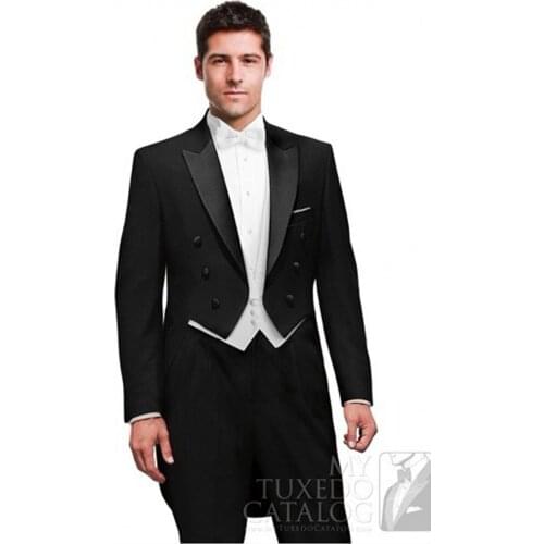 Tailcoat/Morning Style Groomsmen Black Groom Tuxedos Peak Satin Lapel Men Suits Wedding Best Man ( Jacket+Pants+Vest+Tie ) C794