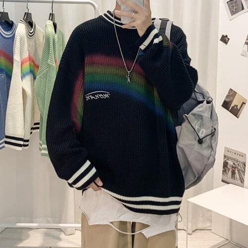 2021 Mens Vintage Korean Fashion Knitted Sweater Man Kawaii Varsity Wool Cardigan Men Rainbow Oversized Black Cardigan