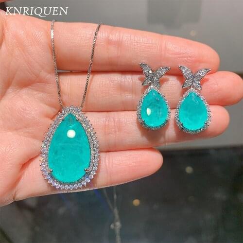 Womens 925 Silver Jewelry Sets Luxury Paraiba Tourmaline Blue Stone Aquamarine Lab Diamonds Necklace Earrings Wedding Jewel Set