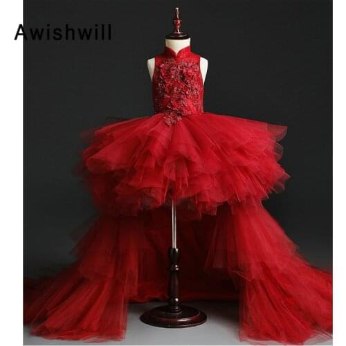 New Arrival Red Pageant Dresses for Girls Lace Appliques Tulle High Low Communion Dresses Girls Dresses for Party and Wedding