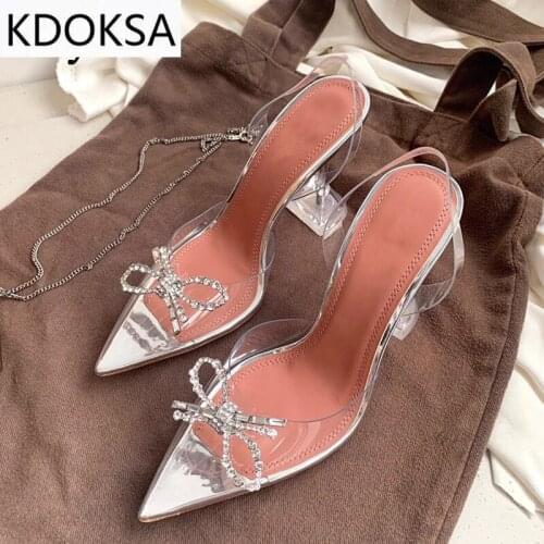 New PVC Transparent Pumps Fashion Bowknot Crystal Pointed Toe High Heel Back Strap Sandals Perspex Cup Heel Party Shoes