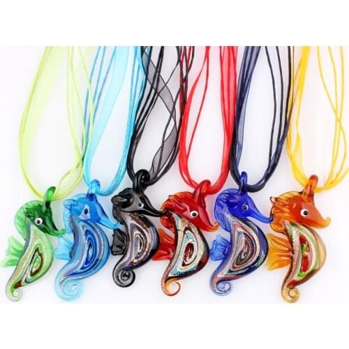 Wholesale 6pcs handmade Murano Lampwork Glass Mix Color Seahorse Pendant Silver P Necklace Hot Thanksgiving gift necl0004