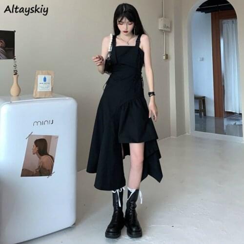 Dress Women Sleeveless Spaghetti Strap Black Slim Irregular A-line Dresses Elegant Streetwear Womens Trendy Sexy Club Wear Party