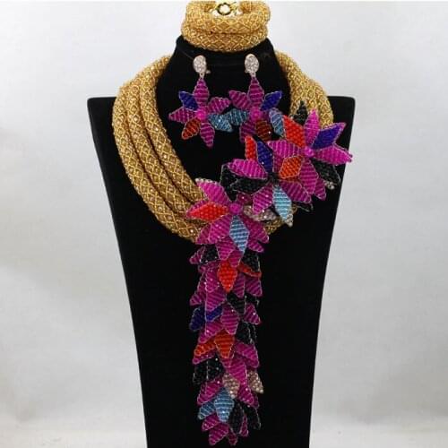 Superior Champagne Gold Dubai Wedding Bridal Fashion Jewelry Set Flower Statement Necklace Set Pendant Free Shipping WA723