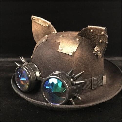 Retro Lolita Women Steampunk Bowler Hat Patch Gear Glasses Topper Top Hats Fedora Headwear Cosplay Cat Ear Billycock Groom Hat