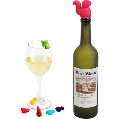 7 pcs/set Wine Bottle Stopper Silicone Marker Cute Squirrel Shape Rubber Wine Glass Label Mixproof Drink Cup Cork Plug