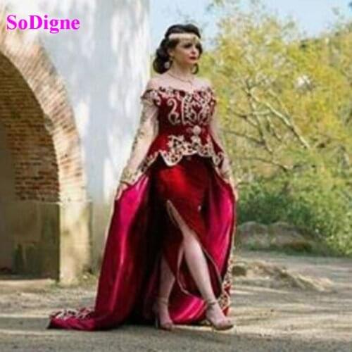 SoDigne Algerian outfits Long Sleeves Karakou Mermaid Kaftan Evening Dresses Lace Appliques Muslim Formal Prom Gowns