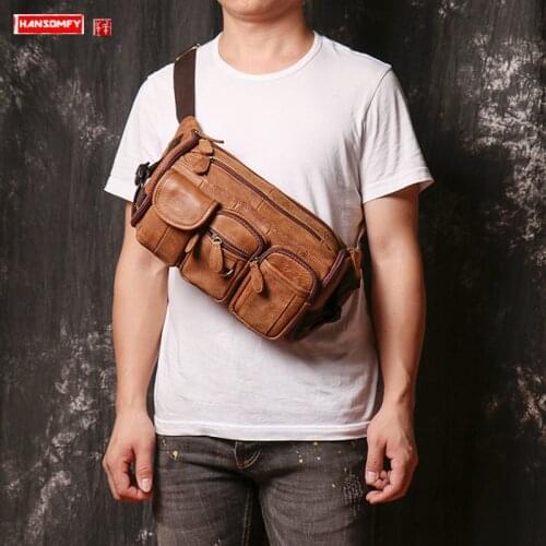 New Genuine Leather Mens Chest Bag Scrub Leather Waist Bag Outdoor Sports Shoulder Bag Multi-Function Messenger Bags