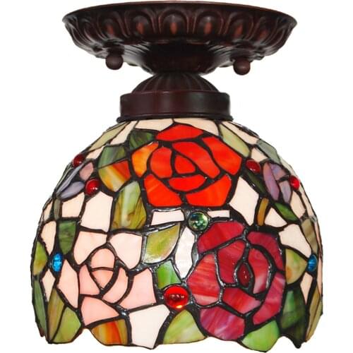 WYM Tiffany Style Vintage Rose Flower Ceiling Lighting w/ Stained Glass Lamp Shade, for Kitchen/Corridor, Iron Light Base