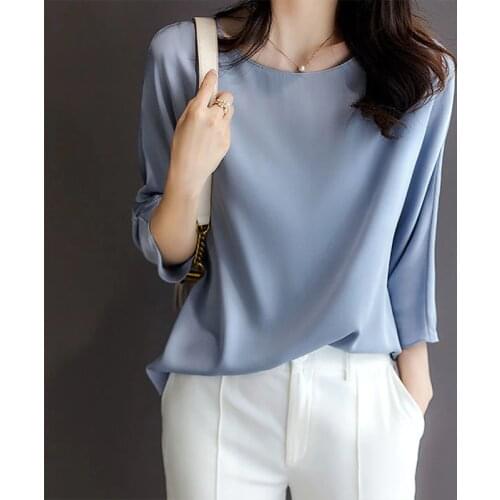 WomenS Spring Summer Style Silk Blouses Shirts WomenS Solid Color Long Sleeve O-Neck Korean Casual Tops SP685