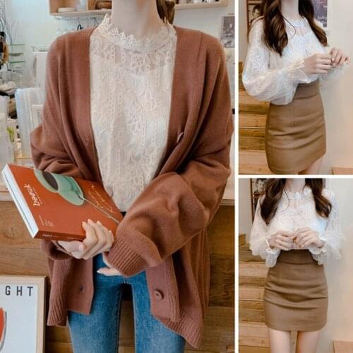 Womens Elegant Casual Chiffon White Shirt Autumn Long Sleeeve Lace Sweet Lantern Sleeve Blouses Tops