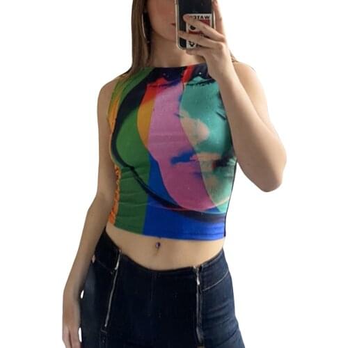 Women’s Fashion Abstract Printing Vest Causal Round Neck Exposed Navel Sleeveless Tops