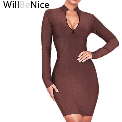 WillBeNice 2019 Brown Women Autumn Winter Bandage Dress Long Sleeve Bandage Dress Ladies Party Sexy Bandage Dress Club Bodycon