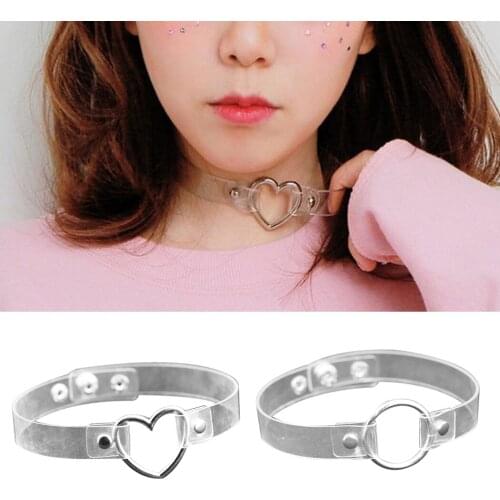 Women Girls Choker Clear Punk Style Heart Ring Chocker Necklace Gothic Collar Necklace Choker Faux Leather Neck Jewelry