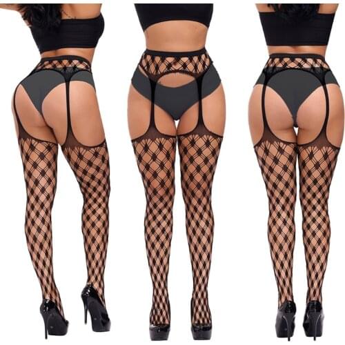 Women Sexy Fishnet Lingerie High Waist Suspender Pantyhose Hollow Out Patterned Sheer Tights Garter Thigh High Stockings