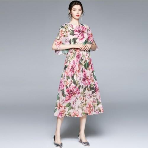 2021 Summer Fashion Chiffon Bohemain Women O Neck Short Sleeve Elegant Peony Print Draped A Line Long Dress Vestdios